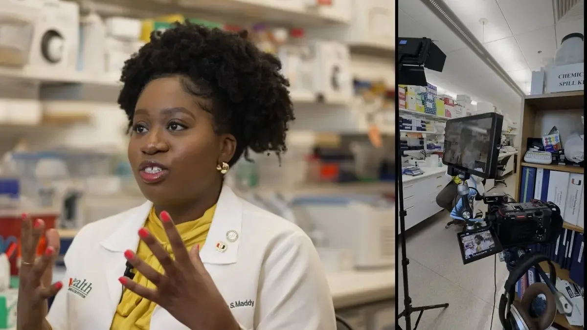 On-camera interview with a UHealth clinician in a hospital laboratory